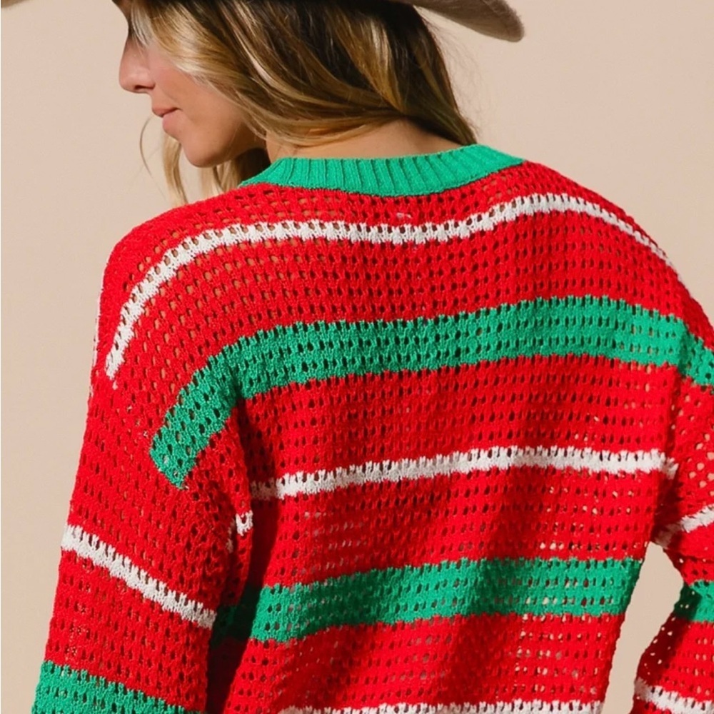 Striped Red and Green Women's Sweater - Picture 8 of 9